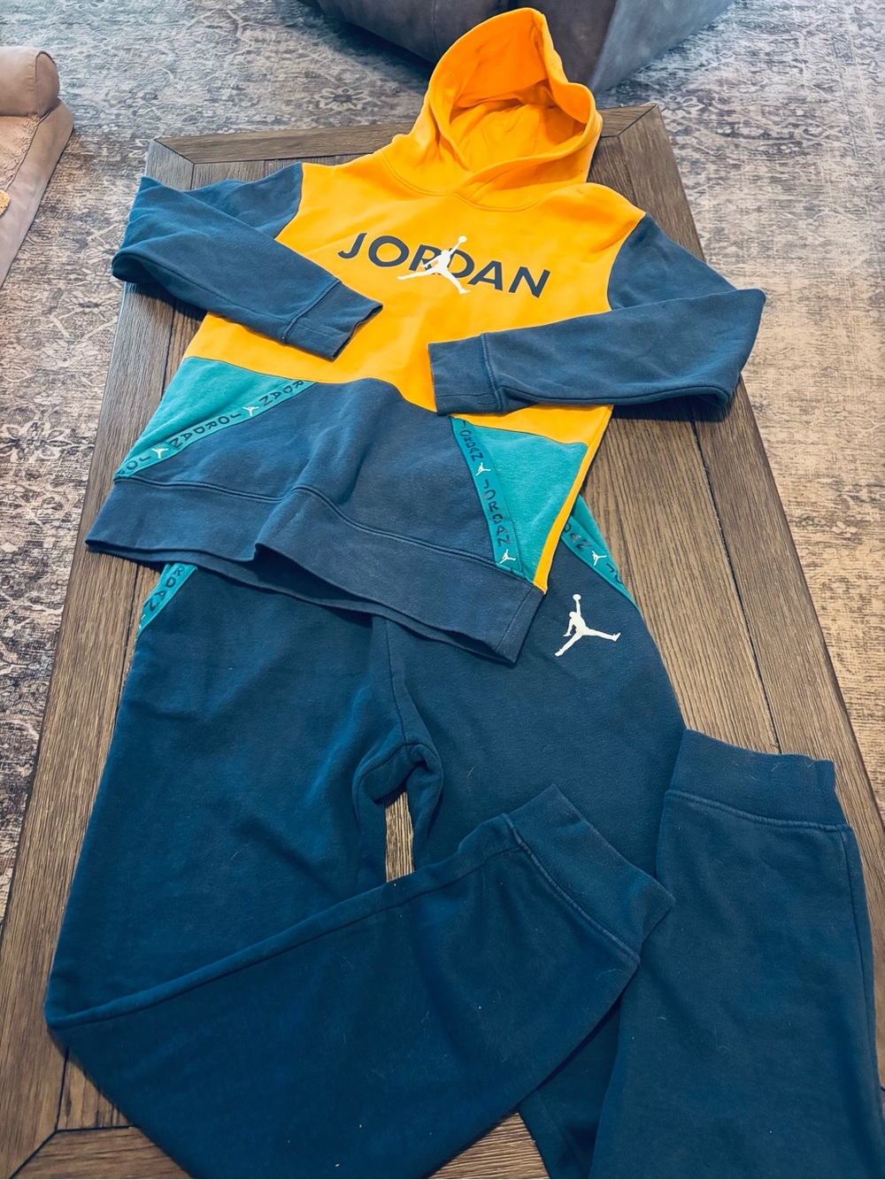 Jordan Set- Boys Yellow & Teal Hooded Sweatshirt with matching Joggers- Large